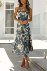 Everything You Need Satin Floral Cowl Neck Slit Midi Dress